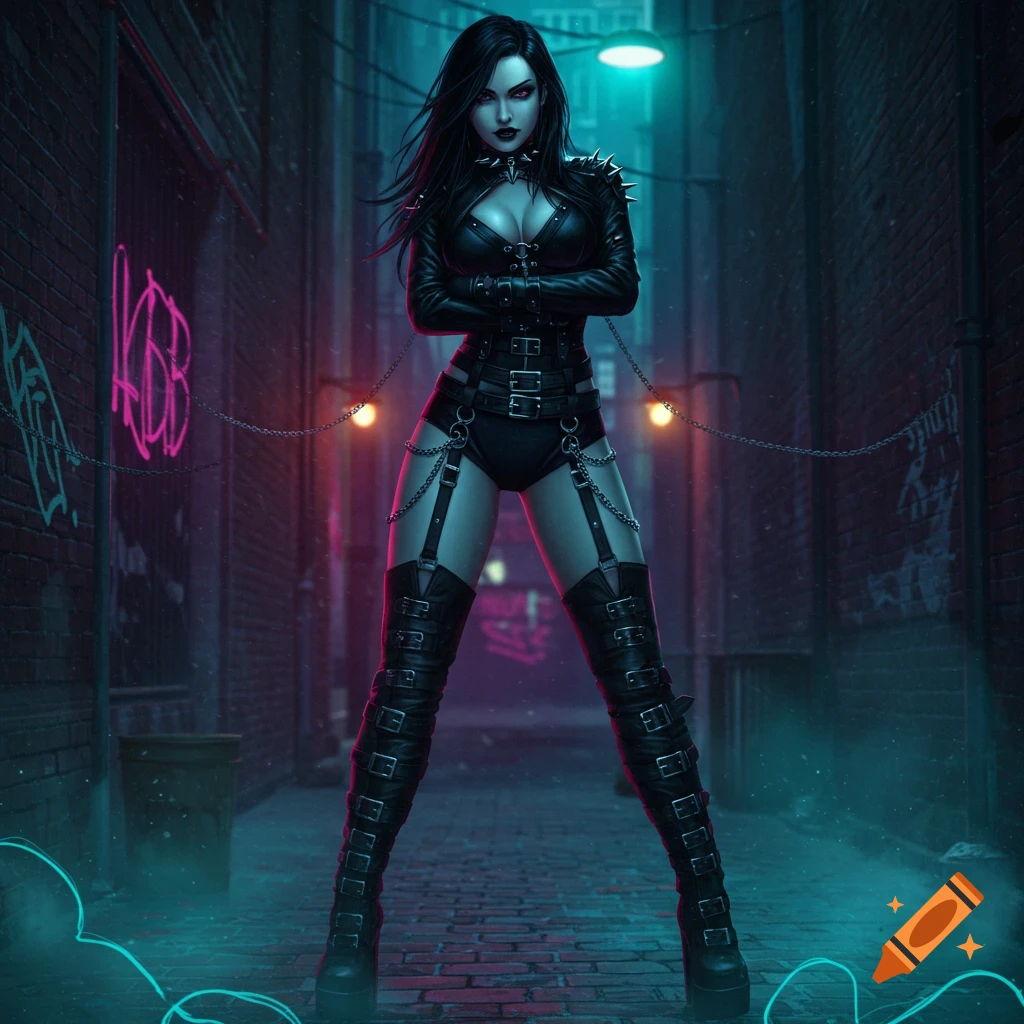 A striking woman with long dark hair, wearing a black studded leather outfit and thigh-high boots, stands in a dark, neon-lit urban alleyway.