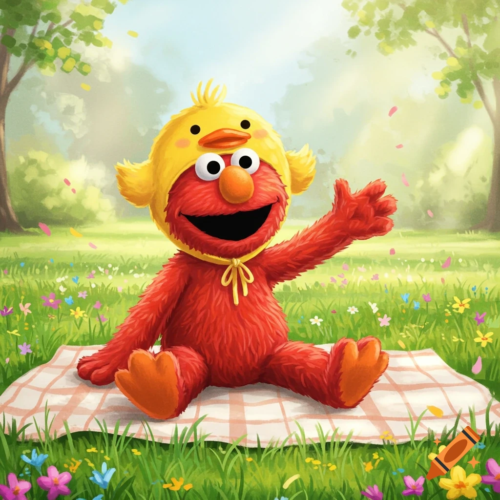 Elmo wearing a yellow duck hat, sitting on a picnic blanket in a green field with colorful flowers, waving.