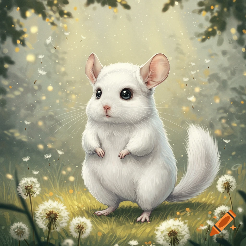 A cute white chinchilla stands in a grassy field filled with dandelions and glowing particles under sunlit trees.