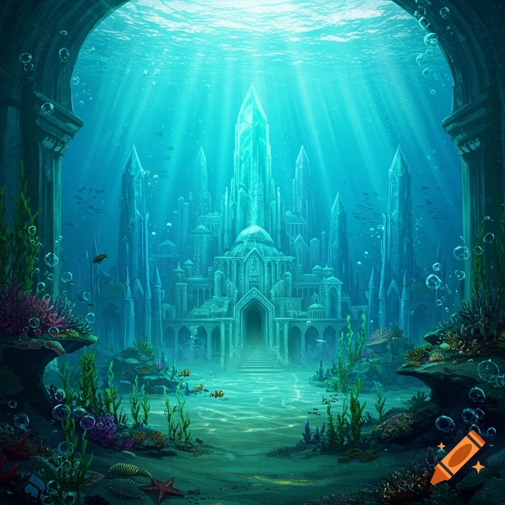 A vibrant underwater city made of crystal-like structures, with sunlight filtering through the water and marine life around.