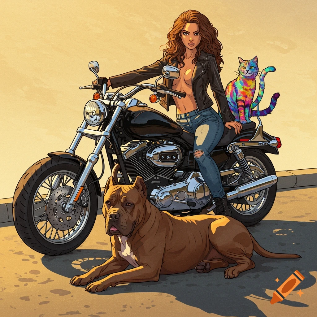 A cartoon woman in a leather jacket and jeans sits on a Harley motorcycle, with a colorful cat and a brown Mastiff dog.