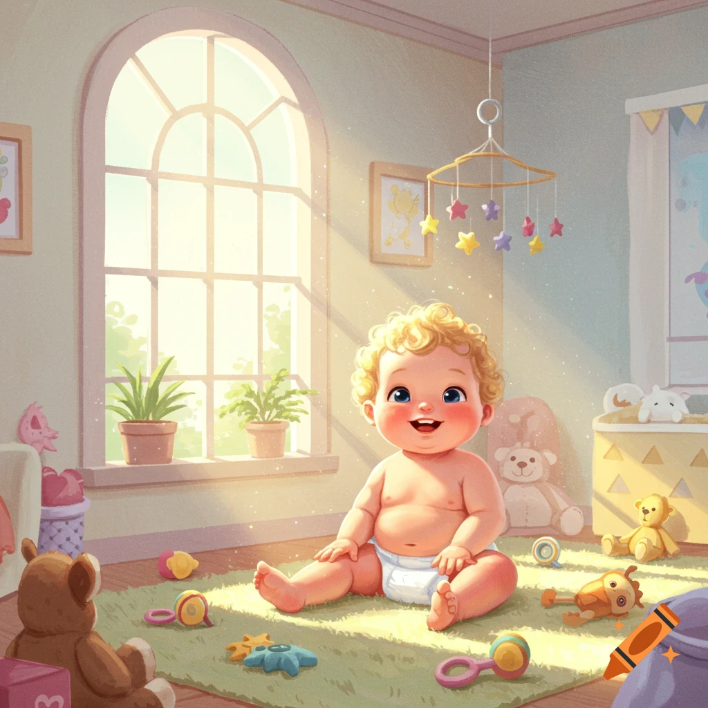 A cute chubby baby with curly blonde hair sits smiling in a sunny nursery with toys on the floor, in a bright illustration style.