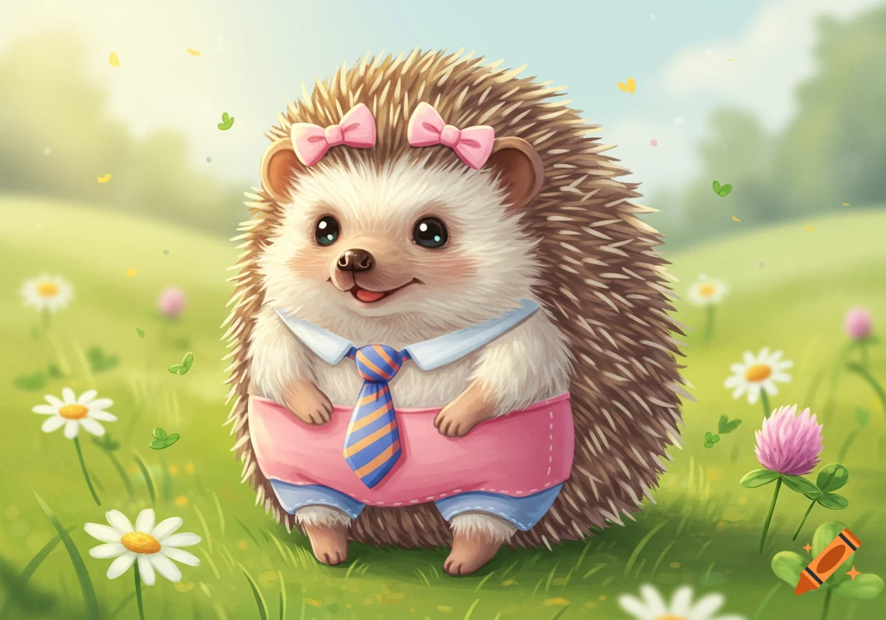 A cute cartoon hedgehog wearing a pink apron and striped tie, with pink bows in its hair, stands in a grassy field with flowers.