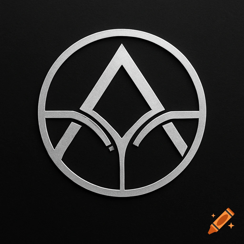 A minimalistic silver geometric logo against a black background.