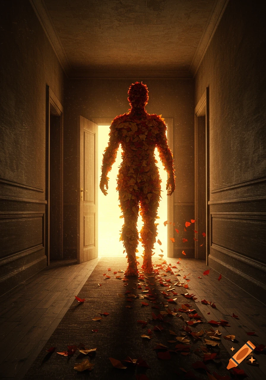 A human figure made of autumn leaves stands in a dark hallway, bright light from an open door behind it, with leaves scattered on the floor.