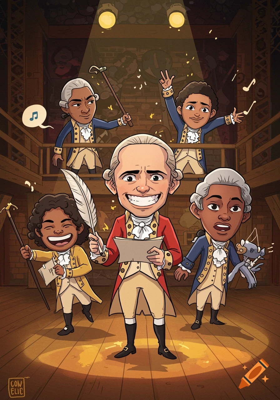 Cartoon fanart of Hamilton musical characters in period costumes on a stage.