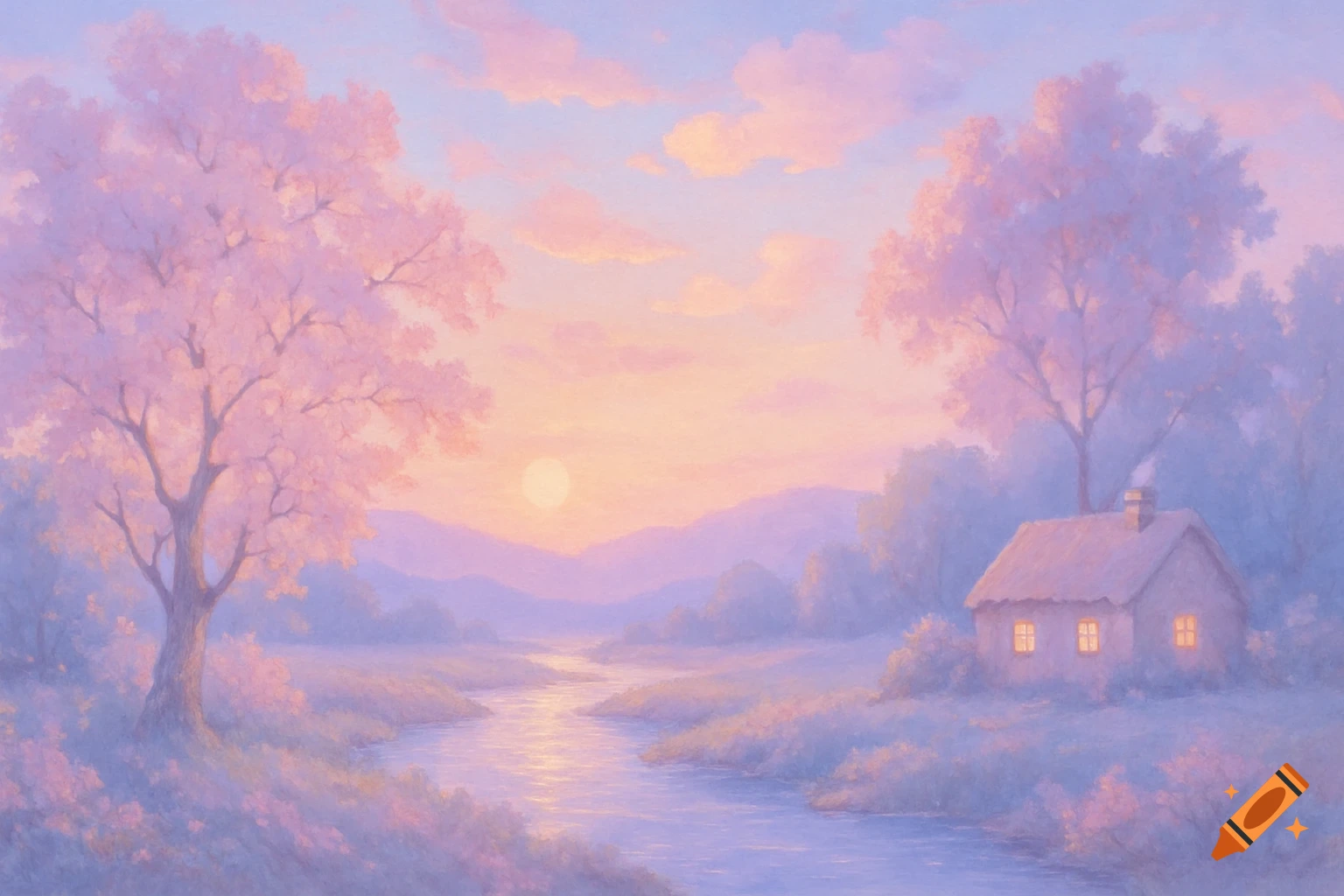 A serene, painterly landscape at sunrise or sunset, featuring a river, pink-blossomed trees, and a small house, rendered in pastel pink, purple, and blue hues.