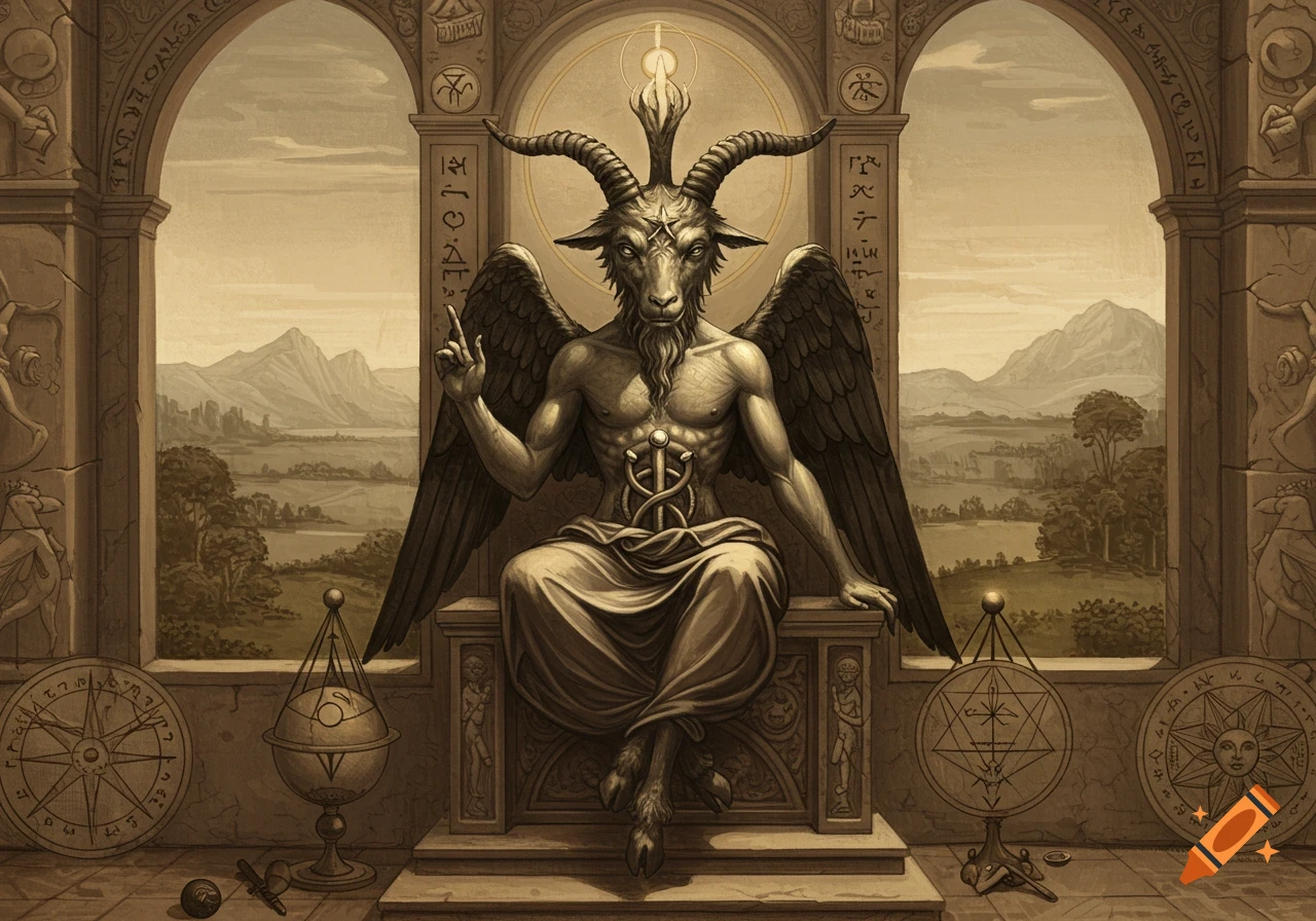 A sepia-toned illustration of Baphomet, a seated, winged, goat-headed figure with a human torso, in an ancient temple-like setting with mountains in the background and occult symbols surrounding him.