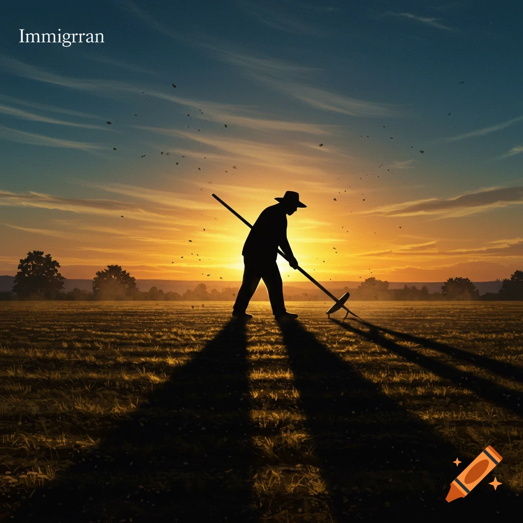 Silhouette of a person with a hoe working in a field at sunset, with long shadows.