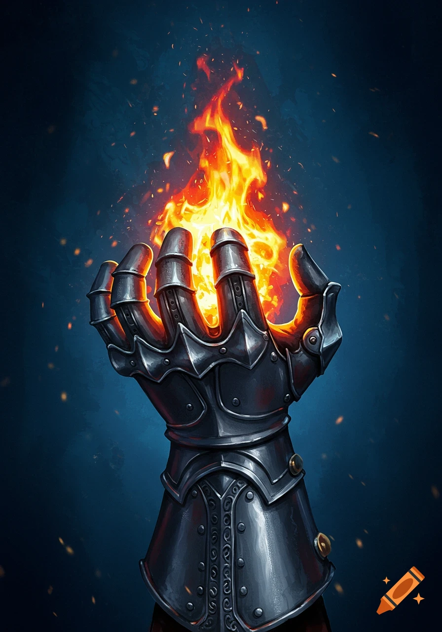 An armored gauntlet holds a vibrant flame against a dark background in an illustrative style.