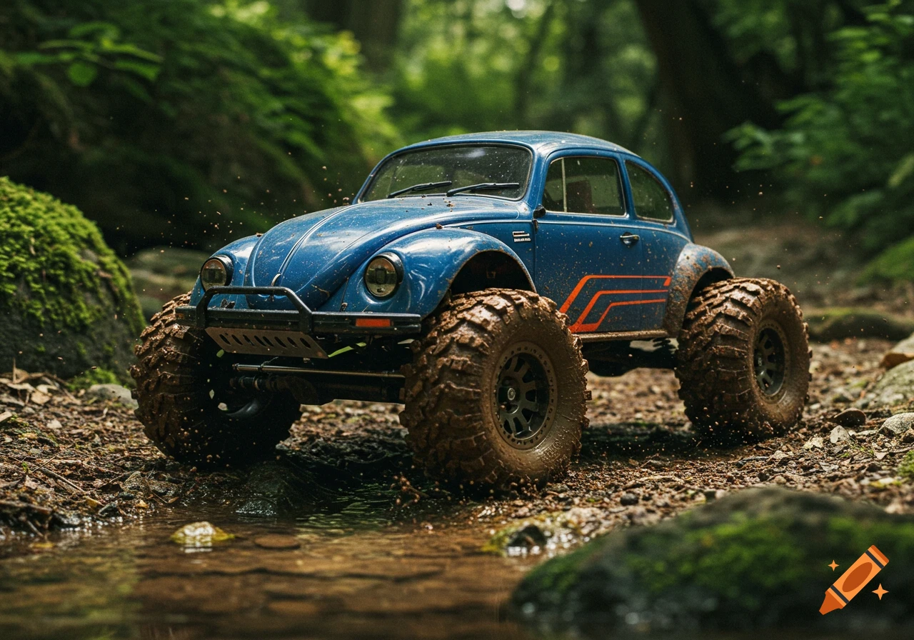 A blue, muddy remote-controlled Volkswagen Beetle off-road vehicle drives through a shallow stream in a green forest.