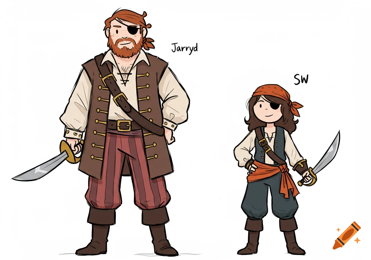 A hand-drawn style illustration of two pirates, a man named Jarryd and a girl named SW, both wearing pirate attire and holding swords.