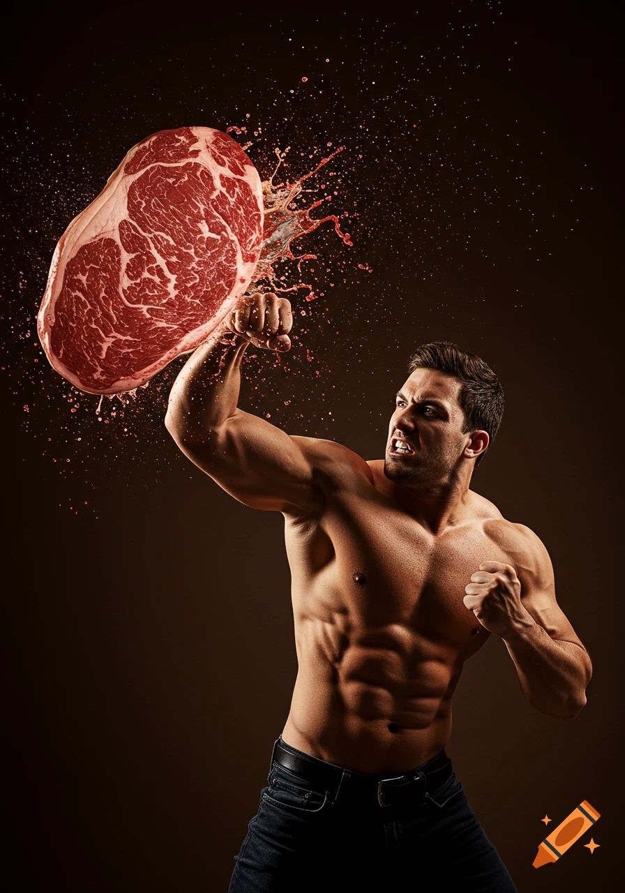 A muscular man punching a large raw steak, causing it to burst with liquid, on a dark background.