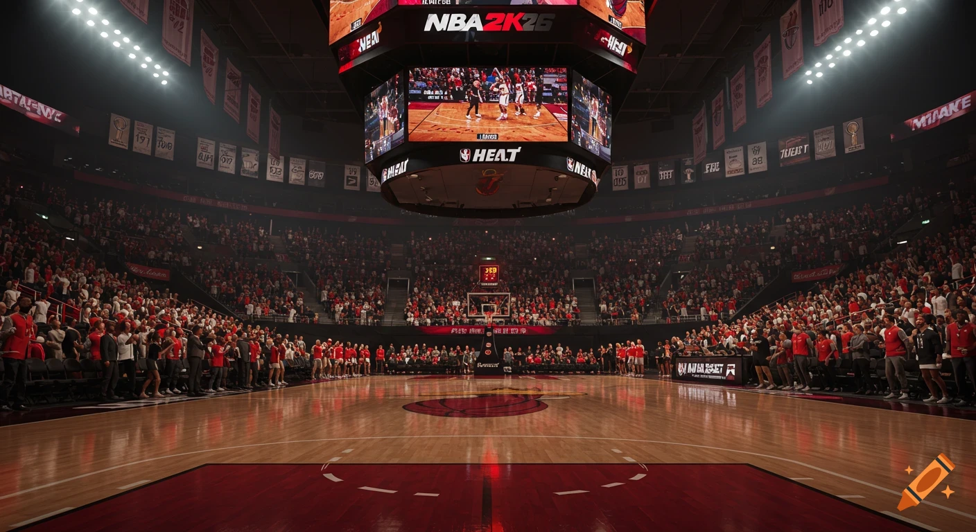 Photorealistic wide shot of a Miami Heat basketball arena packed with fans, featuring a large scoreboard displaying 'NBA2K26' above the court.