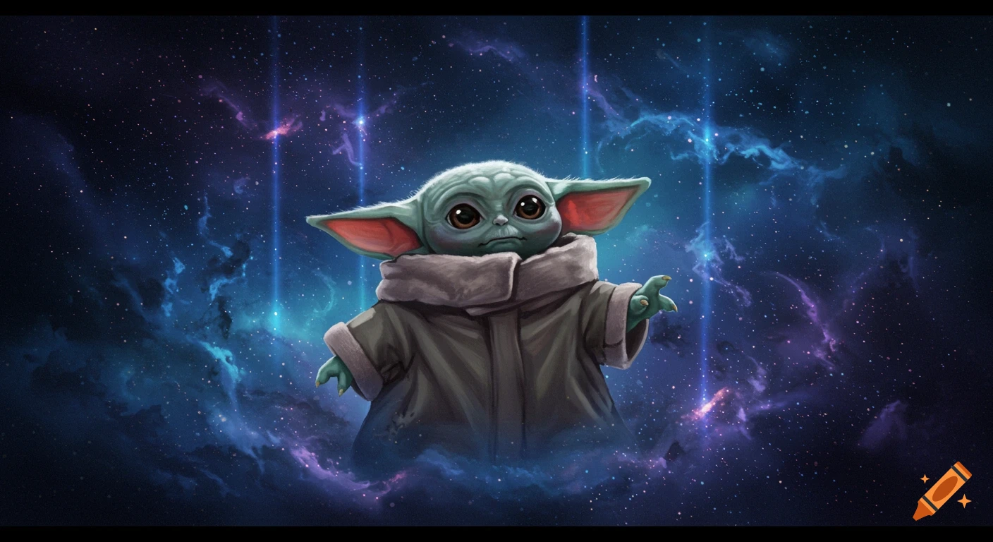 A cute Baby Yoda in his robes floats in a starry galaxy with purple and blue nebulae and light beams.