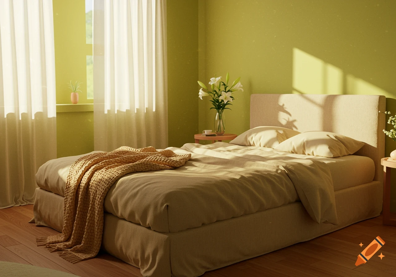 A sunlit bedroom with lime green walls, a beige bed with a knit blanket, and sheer white curtains.
