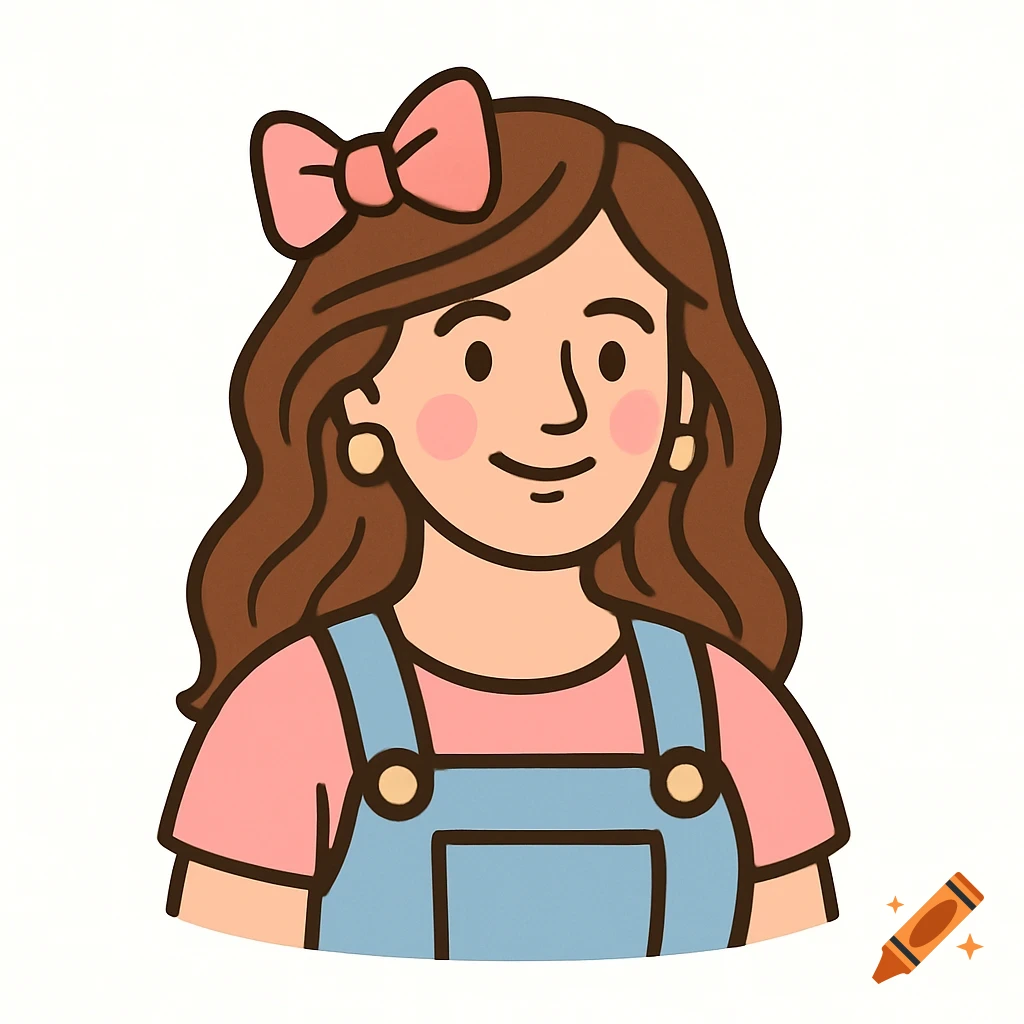 Cartoon illustration of a woman with brown hair, a pink bow, and blue overalls smiling.