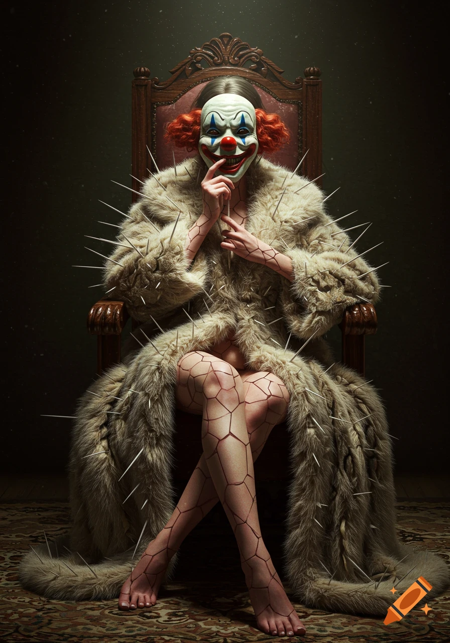 A surreal portrait of a person in a clown mask and a thorny fur coat, with skin that appears cracked like a vase, seated in an ornate chair.