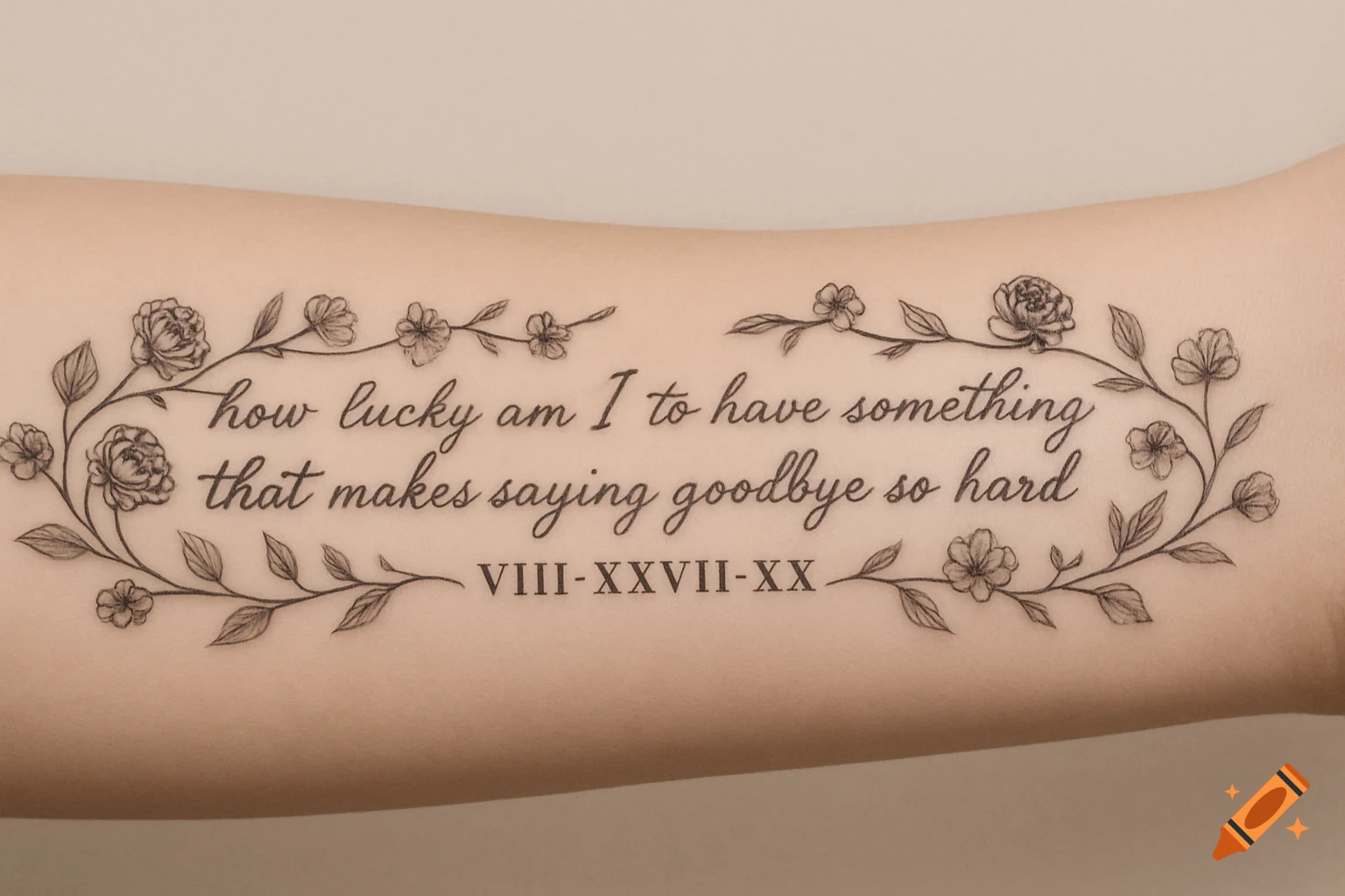 A black fine-line tattoo on an arm: a floral vine frames the quote 'how lucky am I to have something that makes saying goodbye so hard' and date VIII-XXVII-XX.