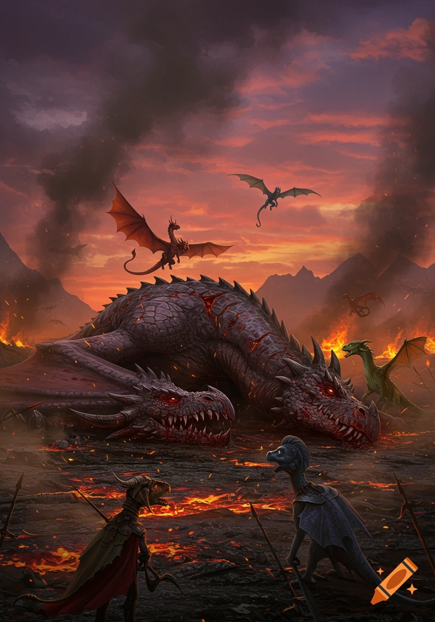 A large, defeated dragon lies on a fiery, lava-filled battlefield as smaller dragons look on with fear under a dramatic sunset.