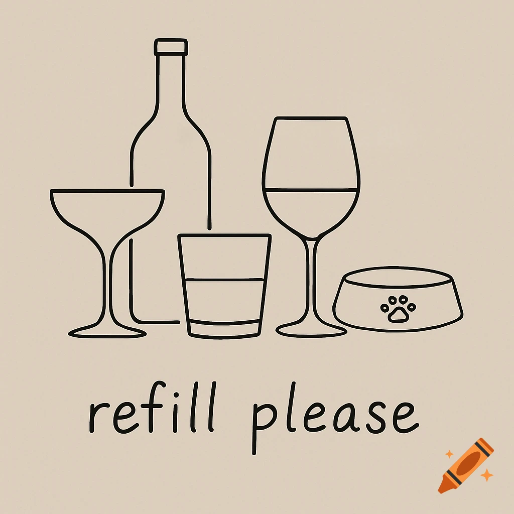 Minimalist black line art of a wine bottle, cocktail glass, tumbler, wine glass, and a pet bowl on beige, with 'refill please' text.