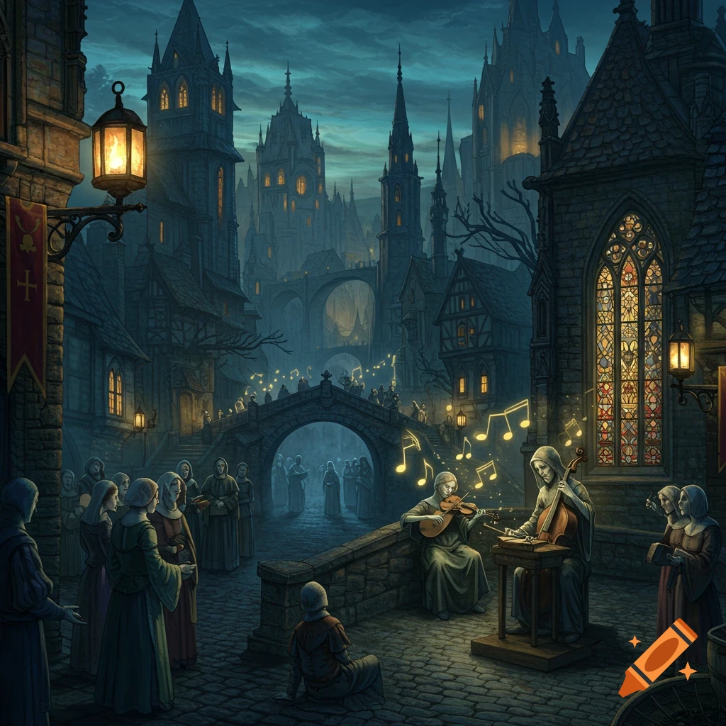 A moody medieval city street at night with Gothic buildings, an arched bridge, and glowing lanterns. Musicians play as people gather, with luminous musical notes floating.