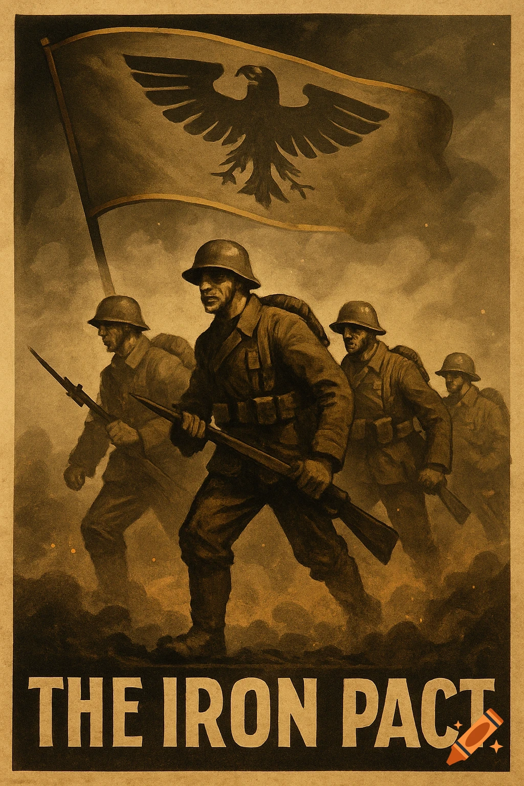 WWI-era soldiers march through smoke under a flag with an eagle, with 'THE IRON PACT' text in a propaganda poster style.