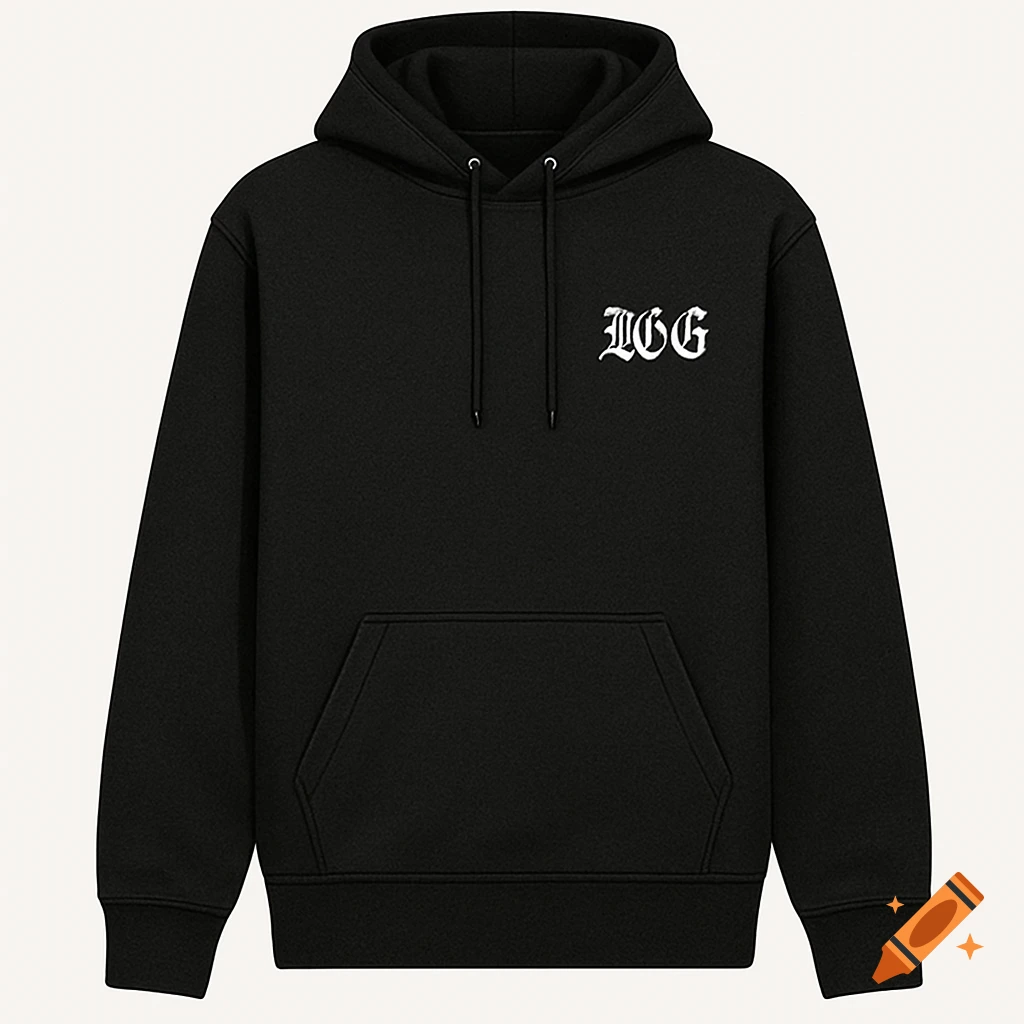 A black hoodie with a white gothic-style 'LGG' logo on the left chest and a front pocket.