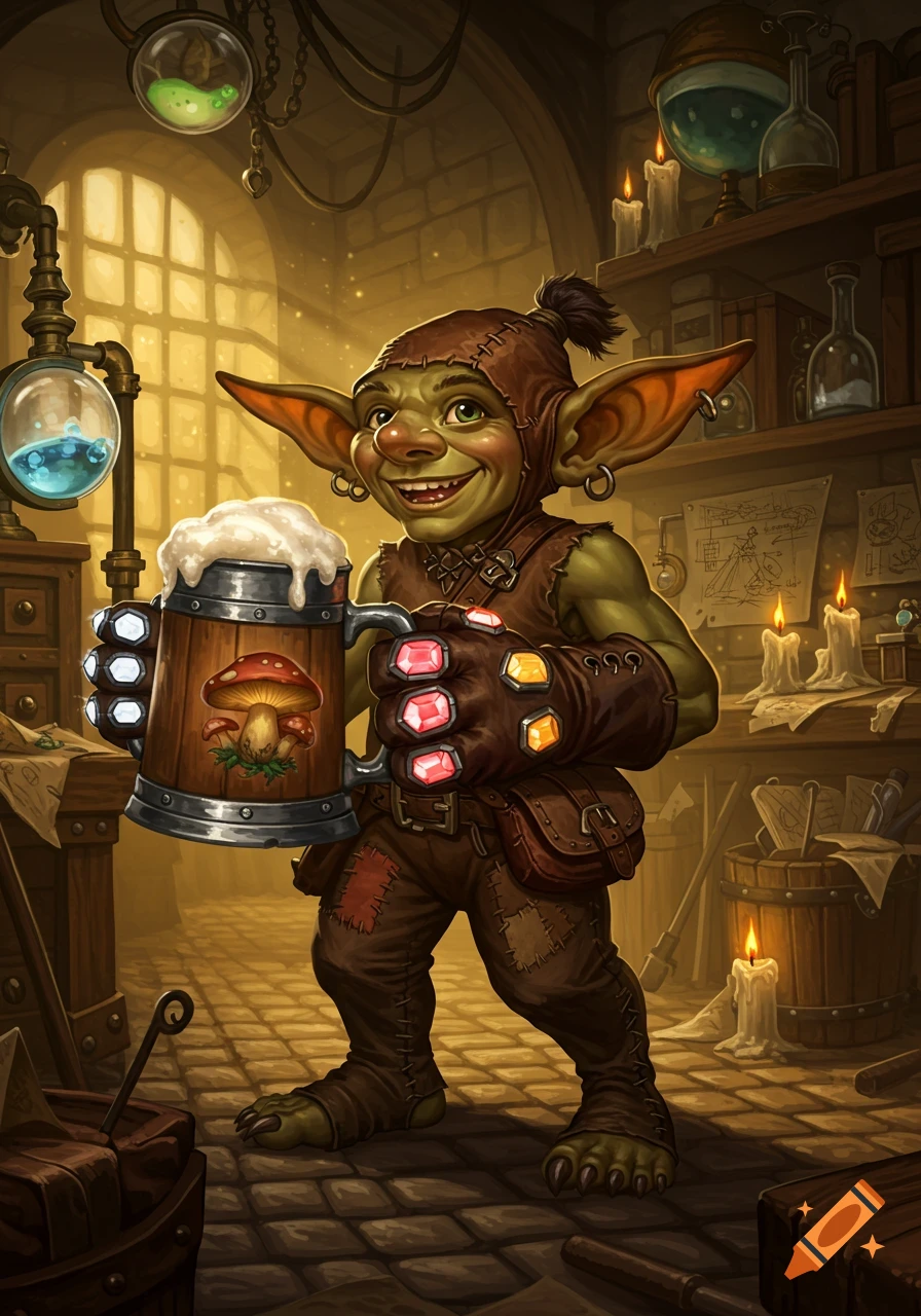 A cheerful goblin artificer in a workshop holds a wooden beer stein decorated with mushrooms. He wears a gauntlet with glowing gems.