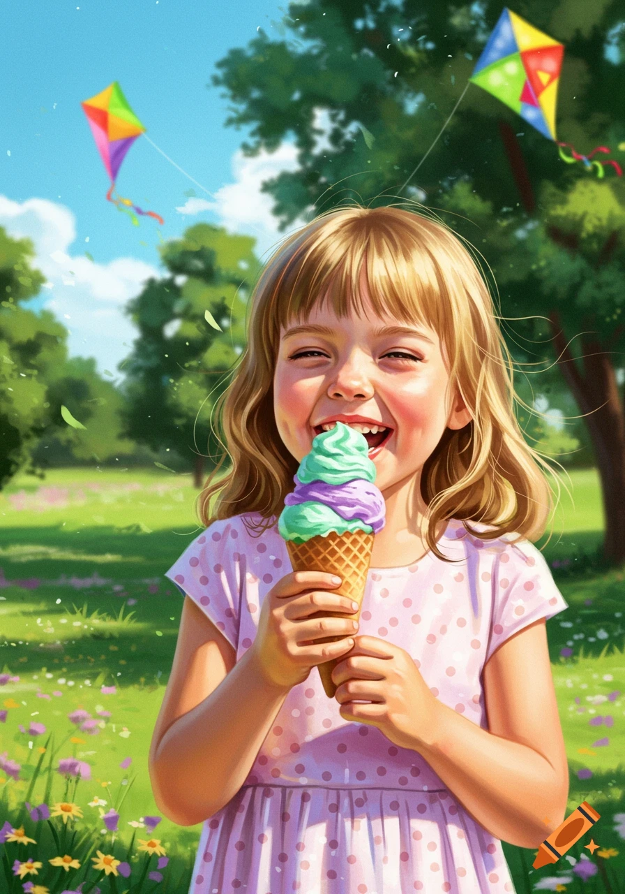 A joyful blonde girl eats a purple and green ice cream cone in a sunny park with kites flying overhead, in an illustrated style.