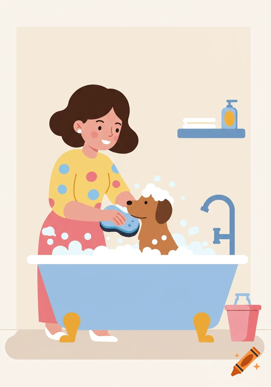 A cartoon illustration of a smiling woman washing a brown dog with a blue sponge in a blue bathtub filled with bubbles.