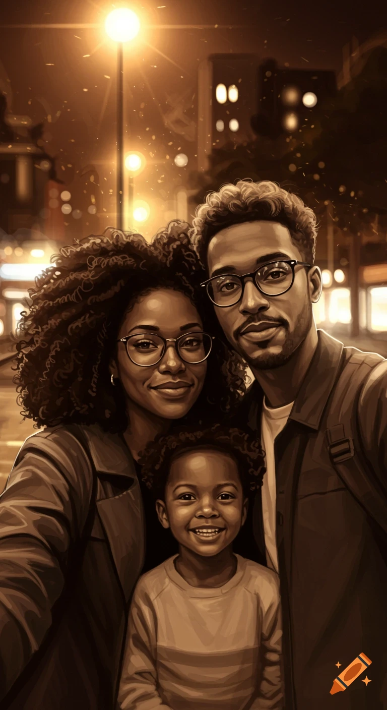 A man, woman, and child with curly hair take a selfie at night, illuminated by warm city lights in a painterly style.