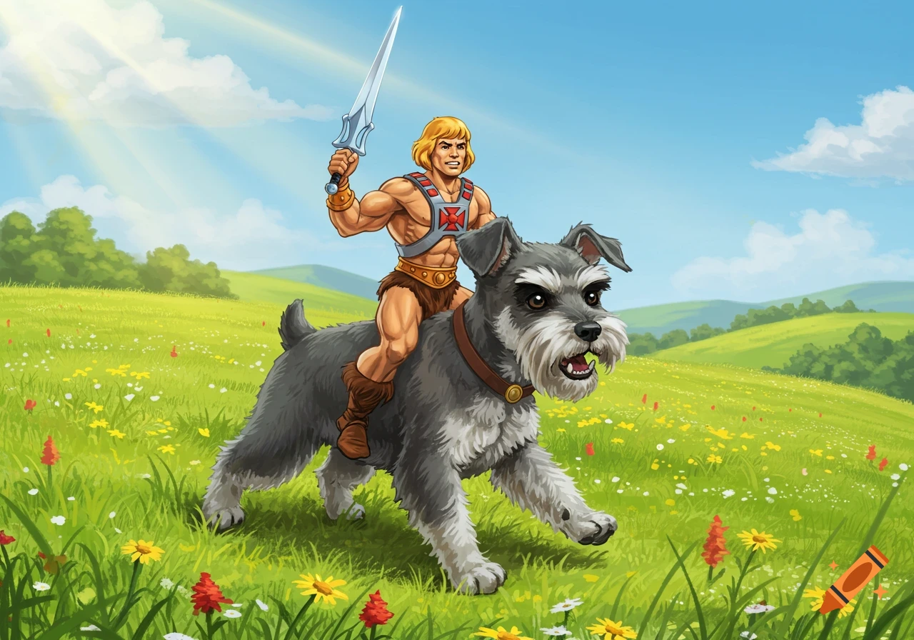 Cartoon illustration of He-Man riding a miniature schnauzer across a sunny green field with wildflowers, holding his sword.