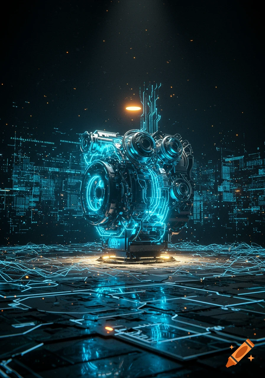 A glowing blue futuristic engine stands on a dark digital circuit board, surrounded by abstract data streams and lights.