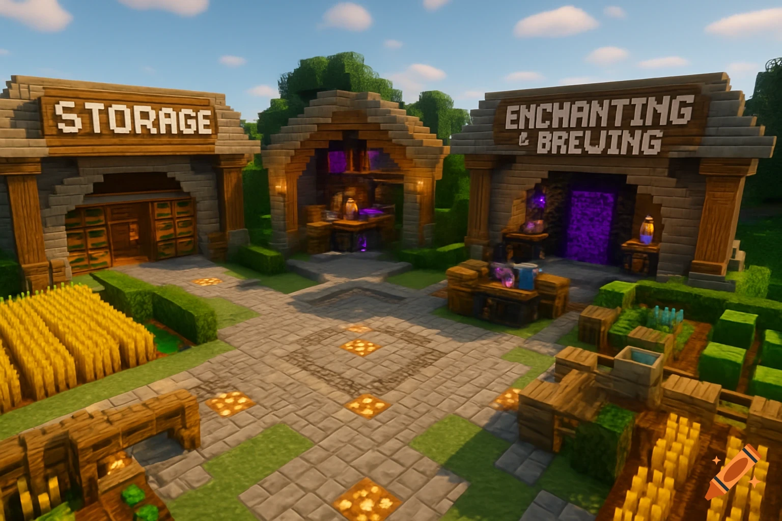 A detailed Minecraft village build featuring 'STORAGE' and 'ENCHANTING & BREWING' buildings, surrounded by wheat fields and stone paths under a clear sky.