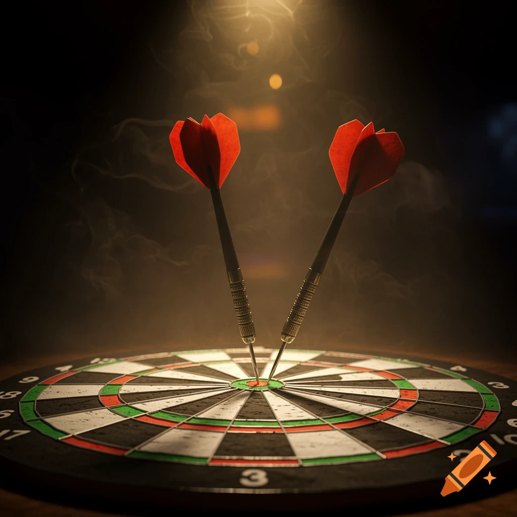 Two red darts are stuck in the bullseye of a dartboard, illuminated by a spotlight through smoke.