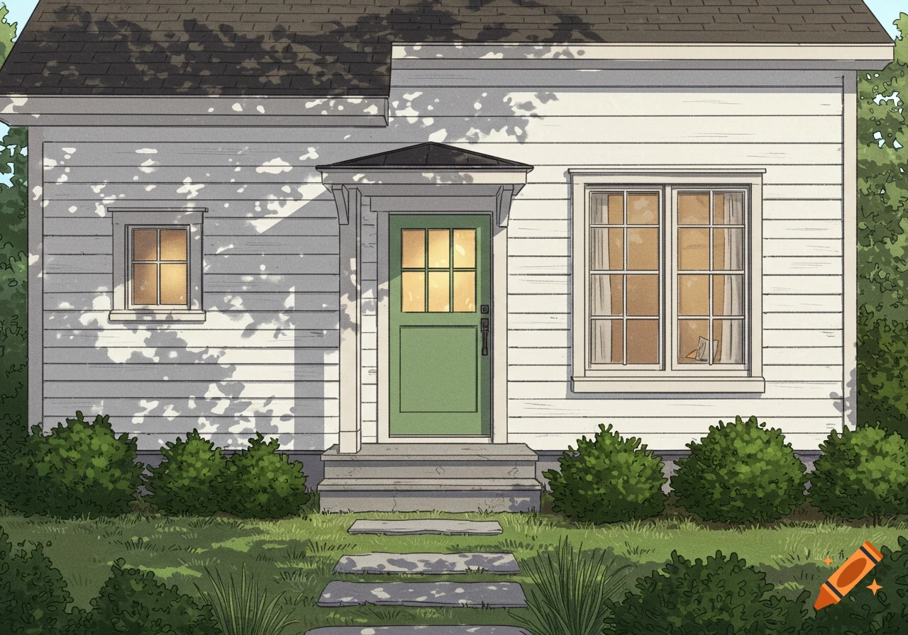 A small, white house with a green front door and windows, surrounded by green bushes and grass, with tree shadows on the siding.
