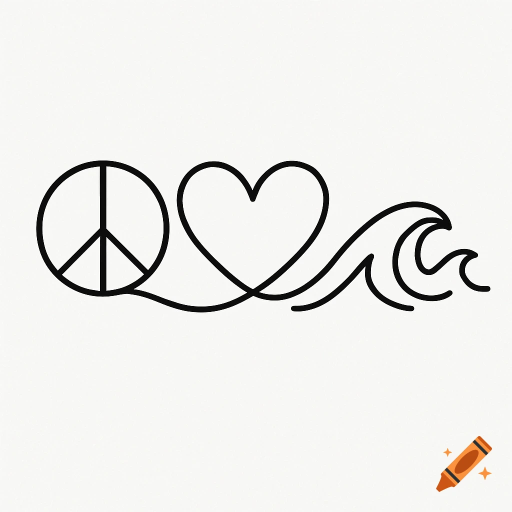 A minimalist line art design featuring a peace sign, a heart, and waves.