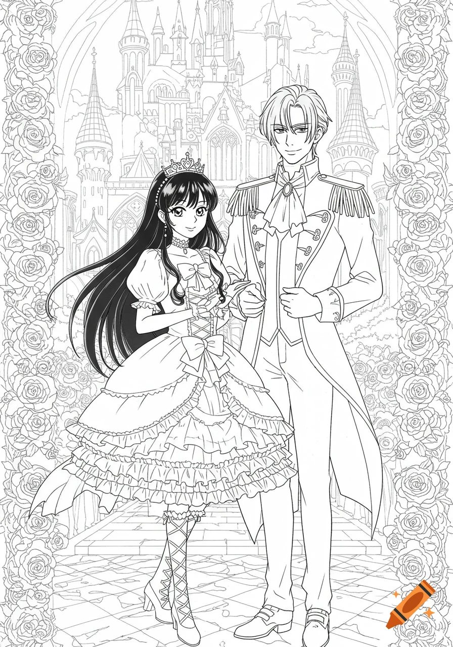 Line art coloring page of an anime princess and a man in elegant clothing, standing before a castle framed by roses.