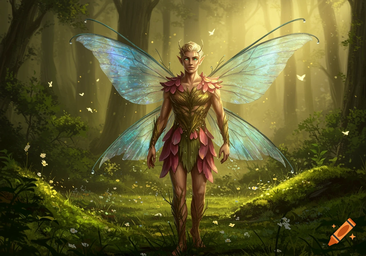 A male fairy with light hair and iridescent wings stands in a sunlit, enchanted forest.