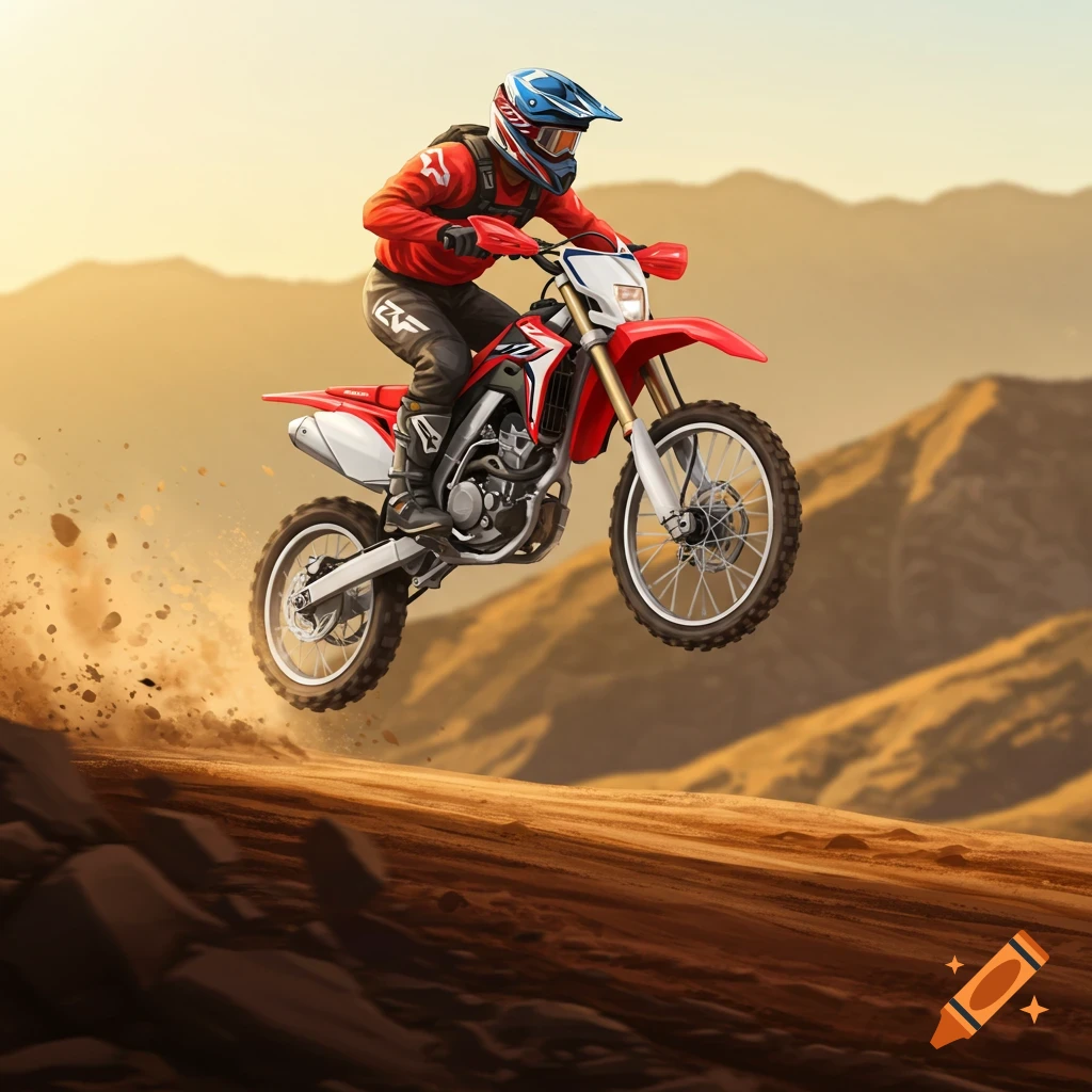 A dirt bike rider in red gear soars through the air over a dirt track with mountains in the background at sunset.