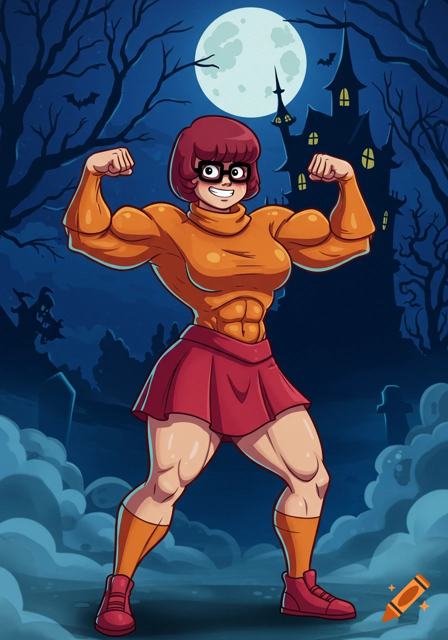 Cartoon Velma from Scooby Doo, with exaggerated muscles, flexing her biceps in front of a haunted house under a full moon.