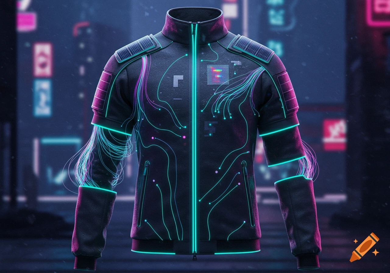 A futuristic black smart jacket with glowing teal lines and purple wires, solar panels, and modular sleeves in a cyberpunk city.
