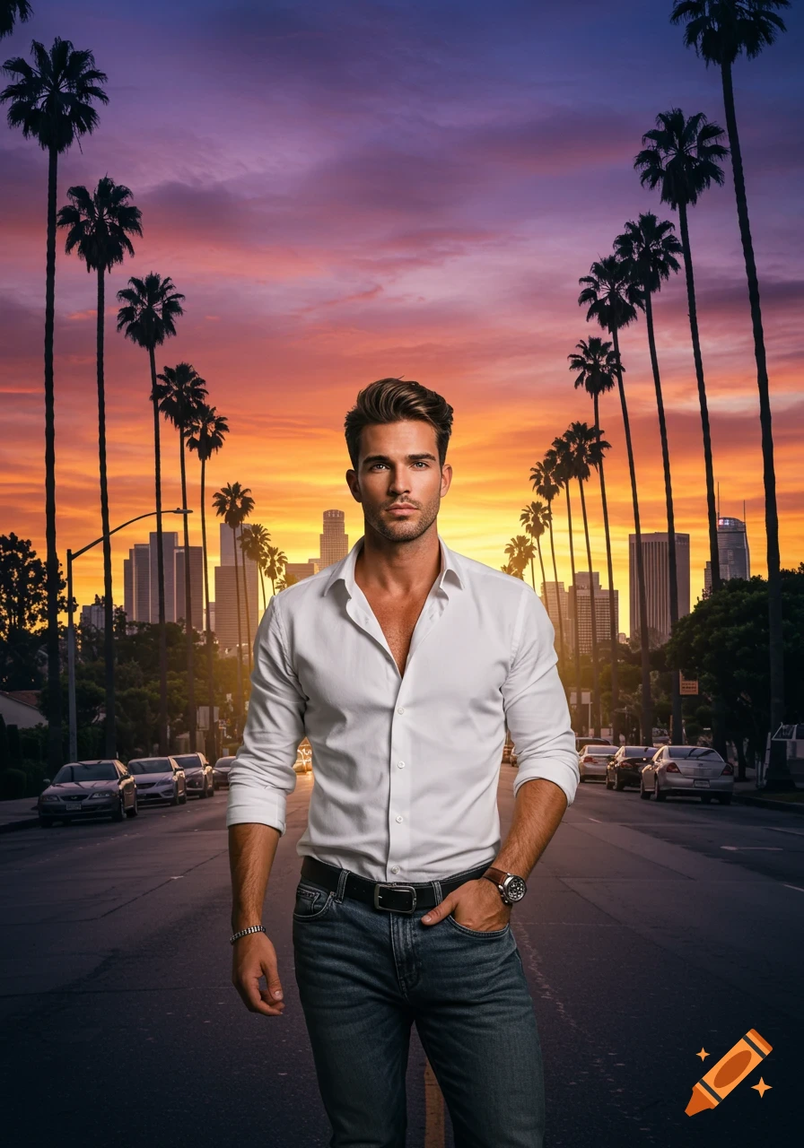 A handsome man in a white shirt and jeans stands on a Los Angeles street lined with palm trees at sunset, with a city skyline in the background.