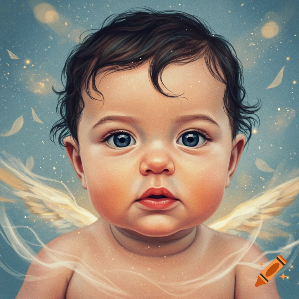 A close-up portrait of a cute baby with big blue eyes and dark curly hair, surrounded by golden glowing light and feathers on a blue background.