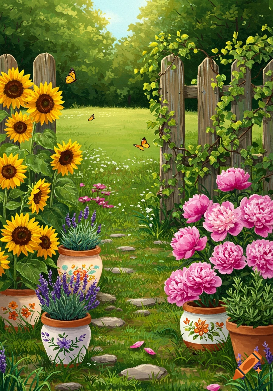 Vibrant painterly garden with sunflowers, pink peonies, lavender in pots, a wooden fence, and butterflies in a sunny field.