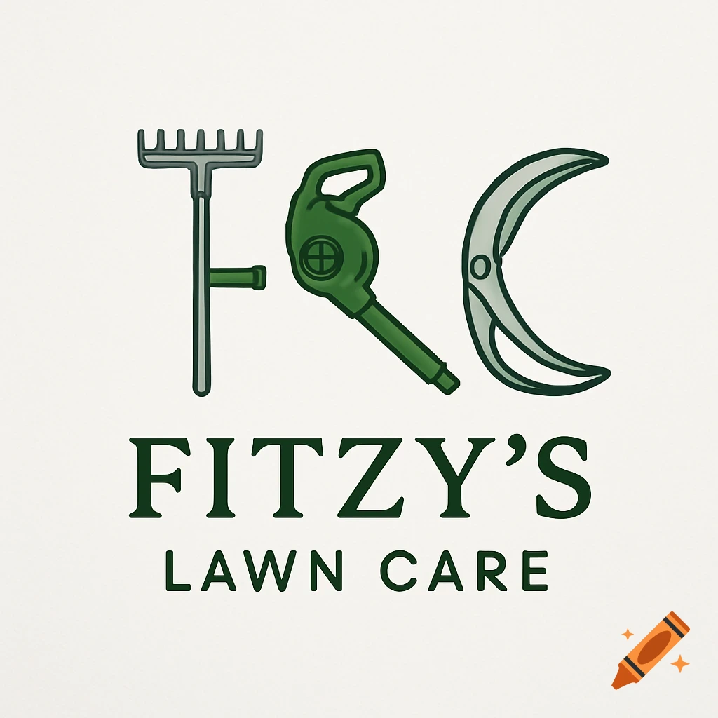 Logo for Fitzy's Lawn Care, with gardening tools like a rake, leaf blower, and shears forming the letters F, L, C.
