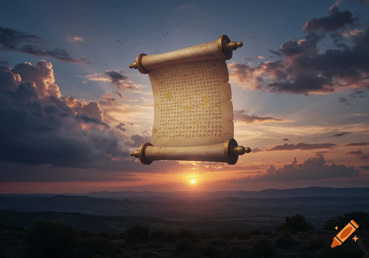 A large, ancient-looking scroll floats in a vibrant sunset sky over a mountain landscape.
