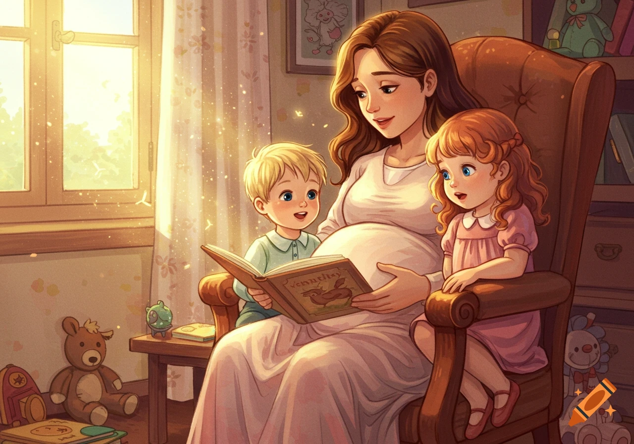 Pregnant mother reading to a boy and girl in a cozy room, Disney style illustration.