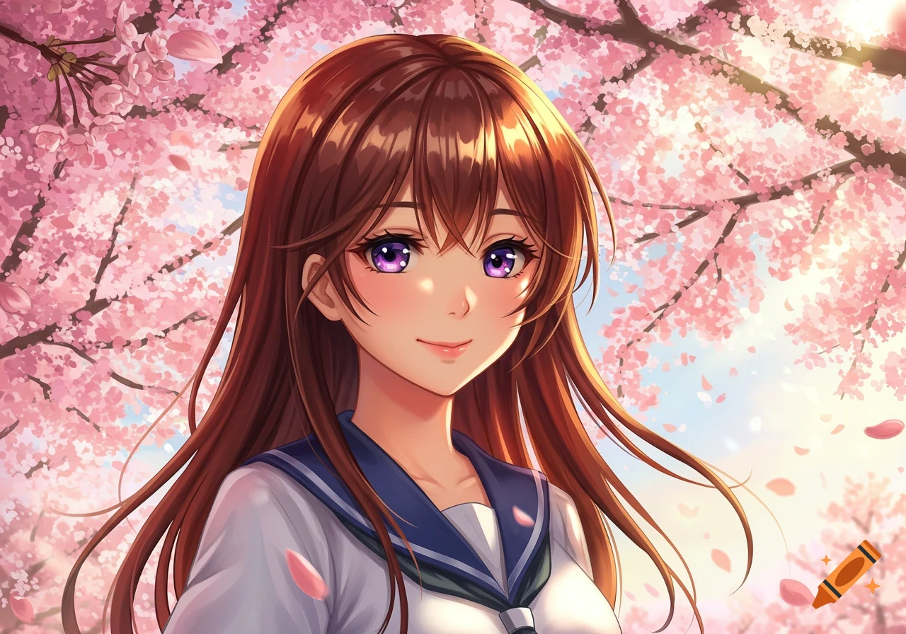 Anime girl with brown hair and purple eyes in a school uniform, standing under pink cherry blossoms.